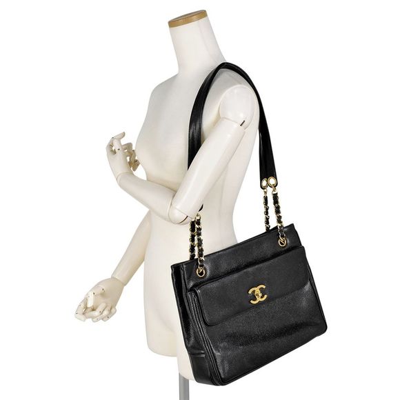 Chanel Tote Bag Cocomark Chain Tote Caviar Skin Black CC Shoulder Bag - Picture 7 of 7